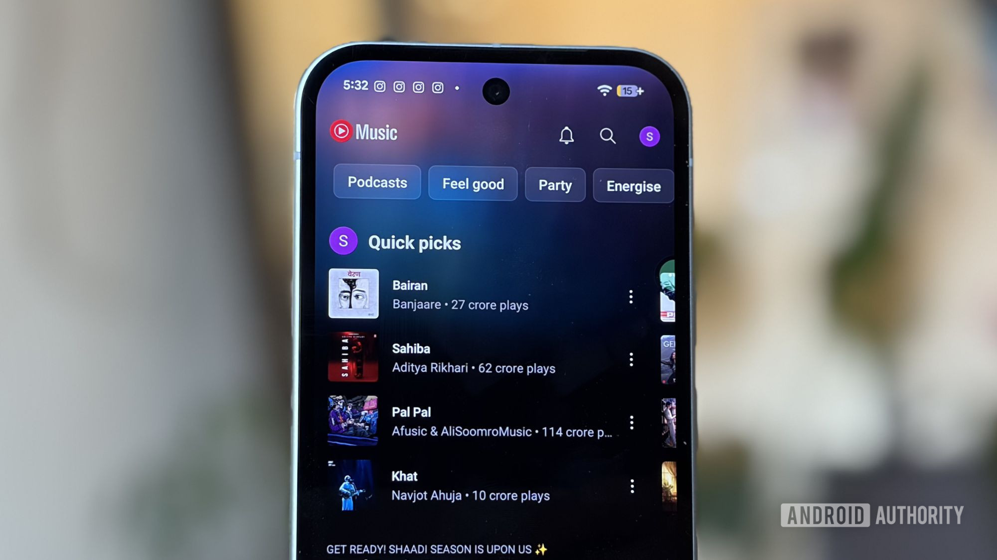 Escolhas rápidas do YouTube Music abertas no Google Pixel 10a