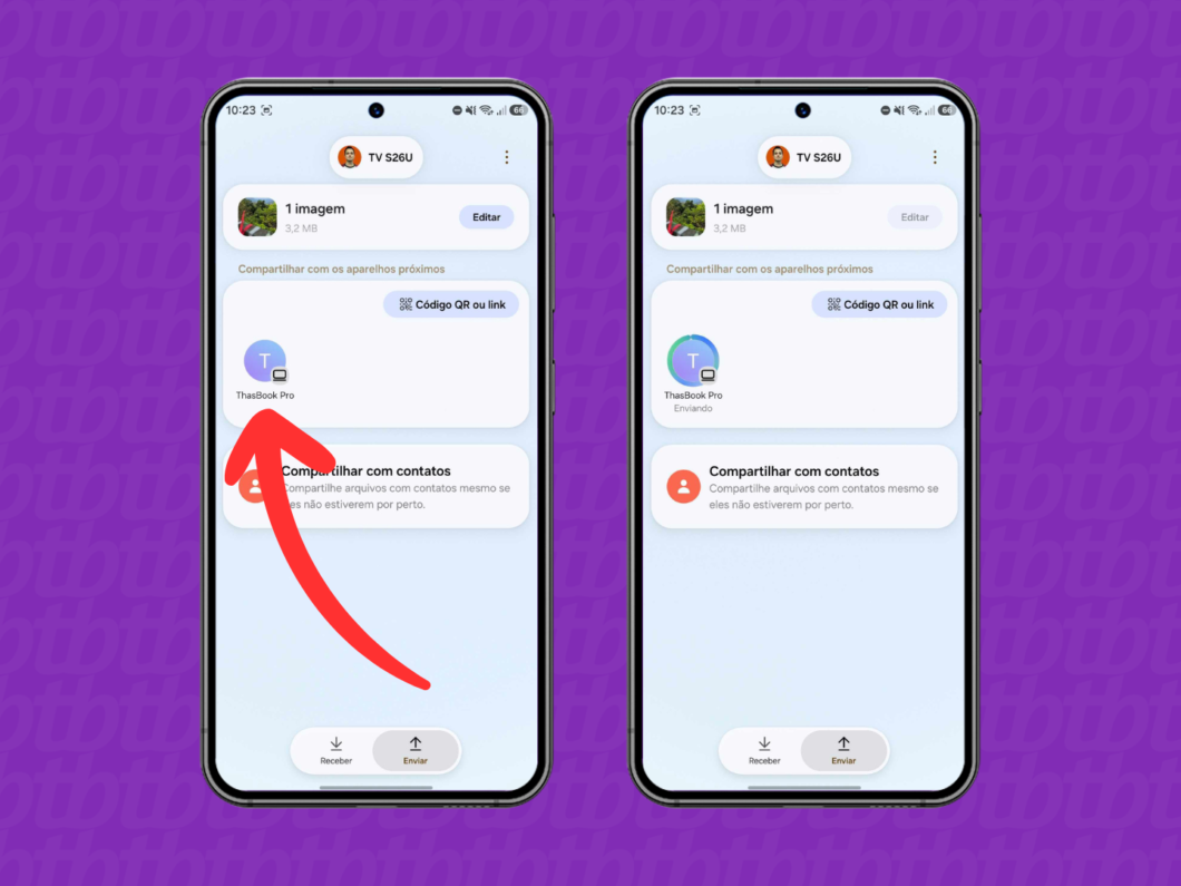 Escolhendo o iPhone ou dispositivo da Apple para enviar o arquivo via Quick Share