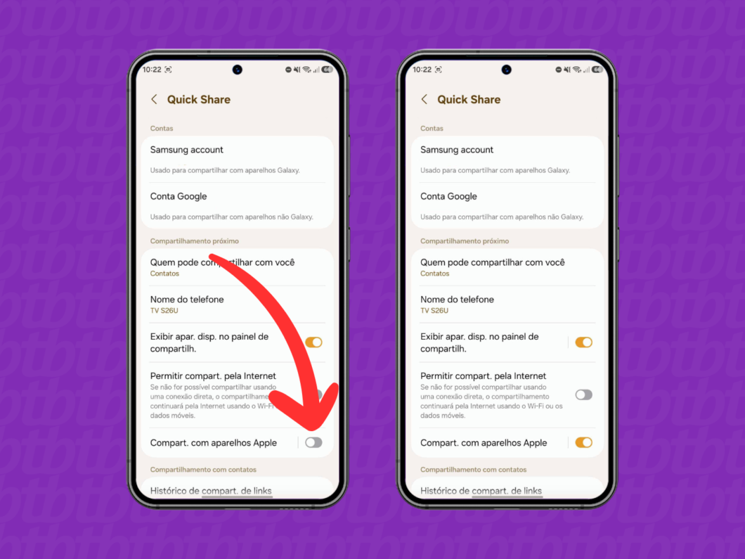 Ativando a opção "Compartilhamento com aparelho Apple" no Android