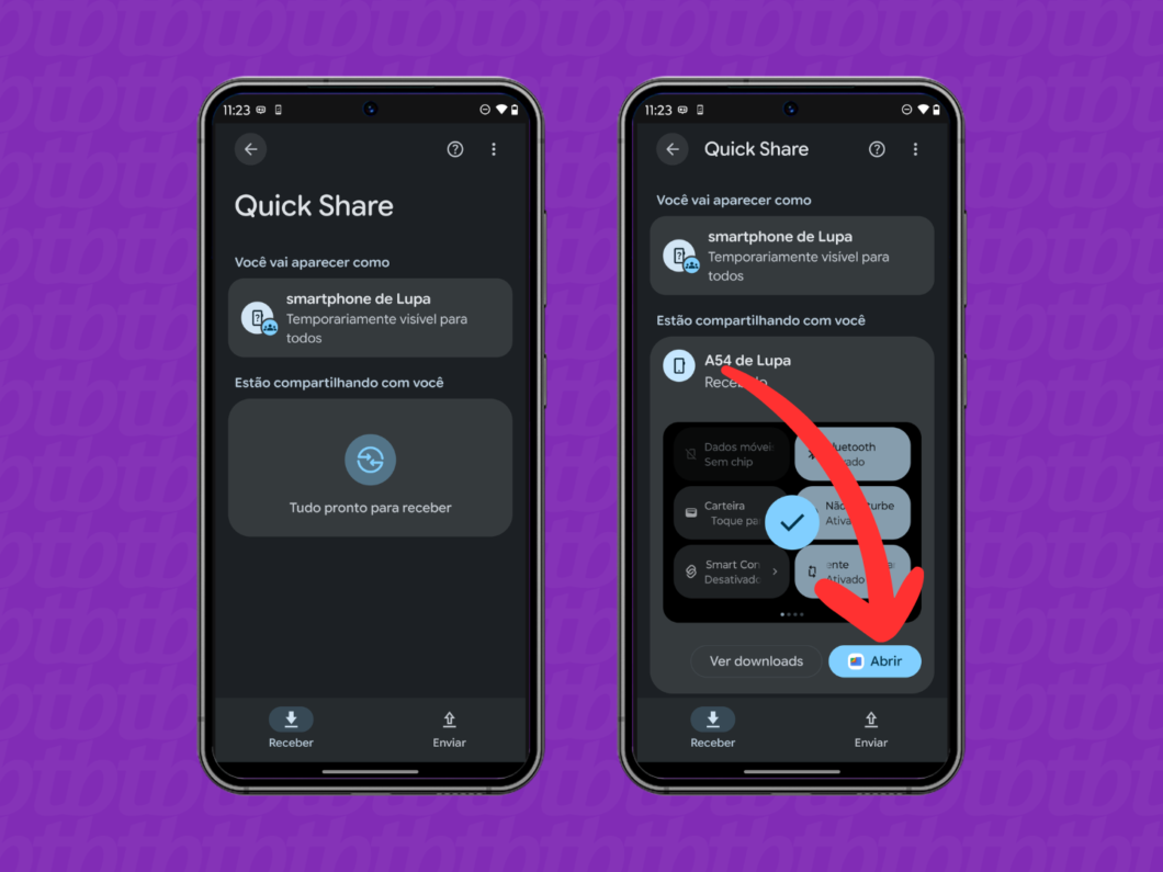 Recebendo o arquivo via Quick Share no celular "destinatário"