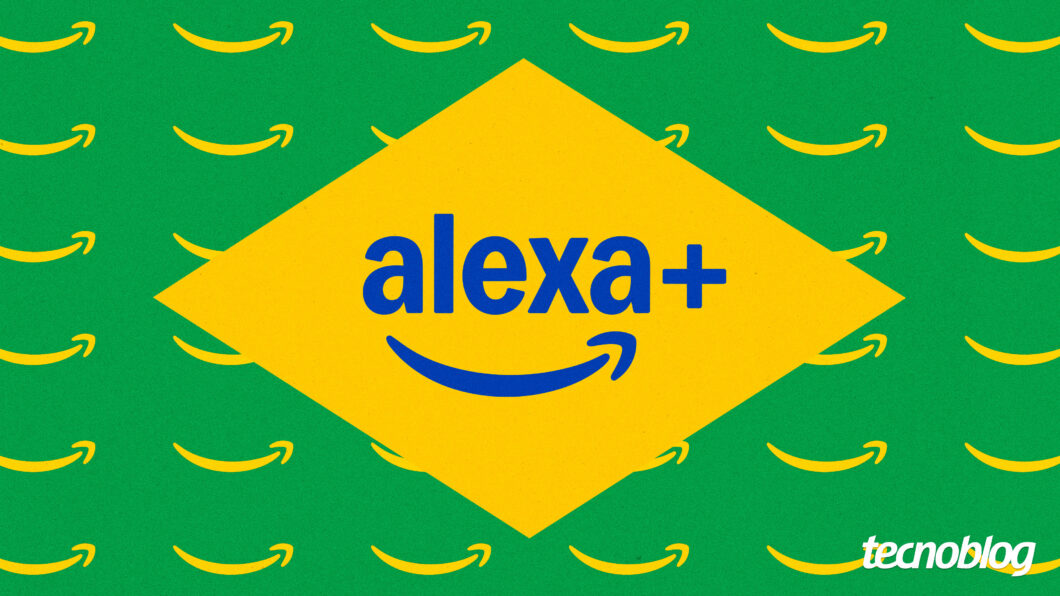 Ilustração com o logo da Alexa+ ao centro do que seria a bandeira do Brasil. O fundo é verde com setas sorridentes, símbolo da Amazon.