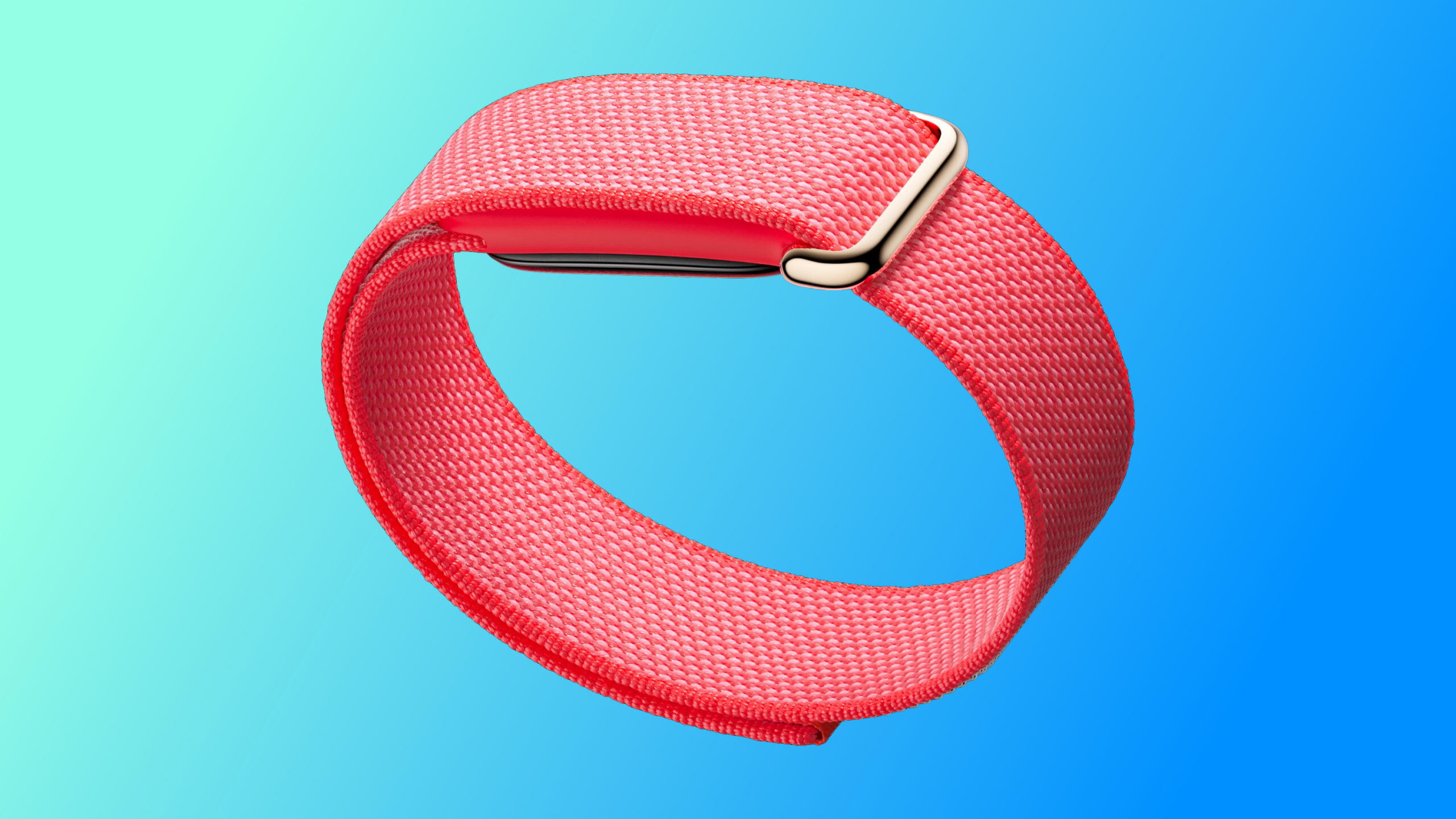 Uma renderização do Google Fitbit Air na cor Berry, contra um fundo azul claro.