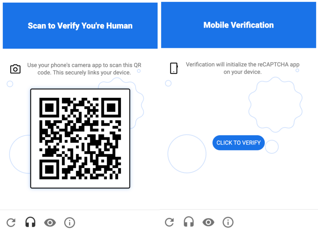 Imagem mostra o novo ReCaptcha exigindo a verificação por QR Code