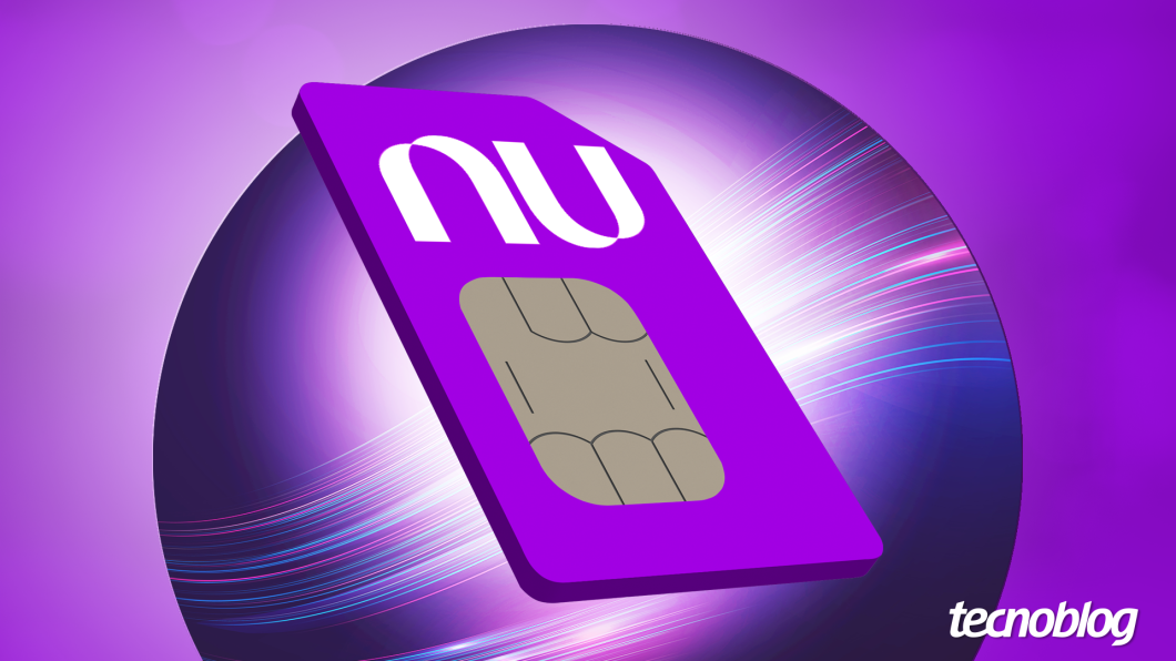 Ilustração de um chip de telefonia roxo com a marca do Nu
