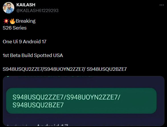 Samsung primeiro One UI 9 beta Galaxy S26 Kailash Twitter