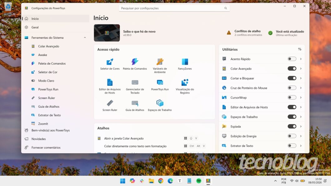 Tela inicial do Microsoft PowerToys