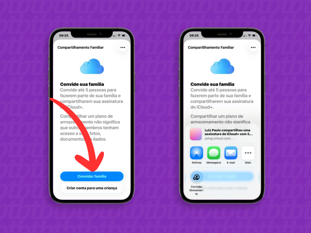 Convidando os membros para o compartilhamento familiar do iCloud