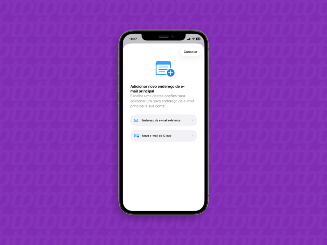 Adicionar novo endereço de e-mail principal no iCloud pelo iPhone (selecionar opção existente ou novo e-mail)