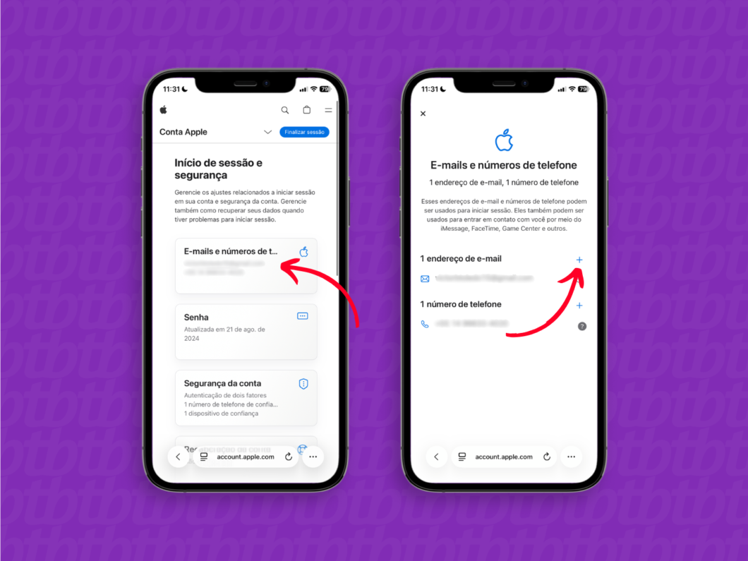 Tela “Conta Apple” mostrando E-mails e números de telefone e a seção de e-mail principal com o botão de adicionar