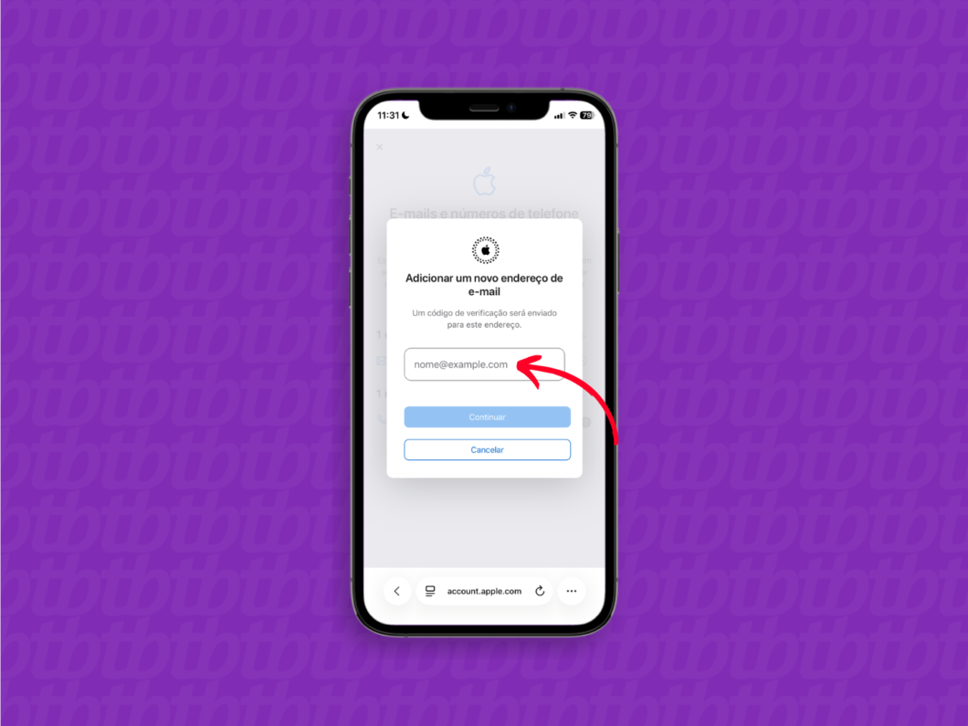 Adicionar novo endereço de e-mail na Conta Apple, com campo de e-mail e botões Continuar e Cancelar