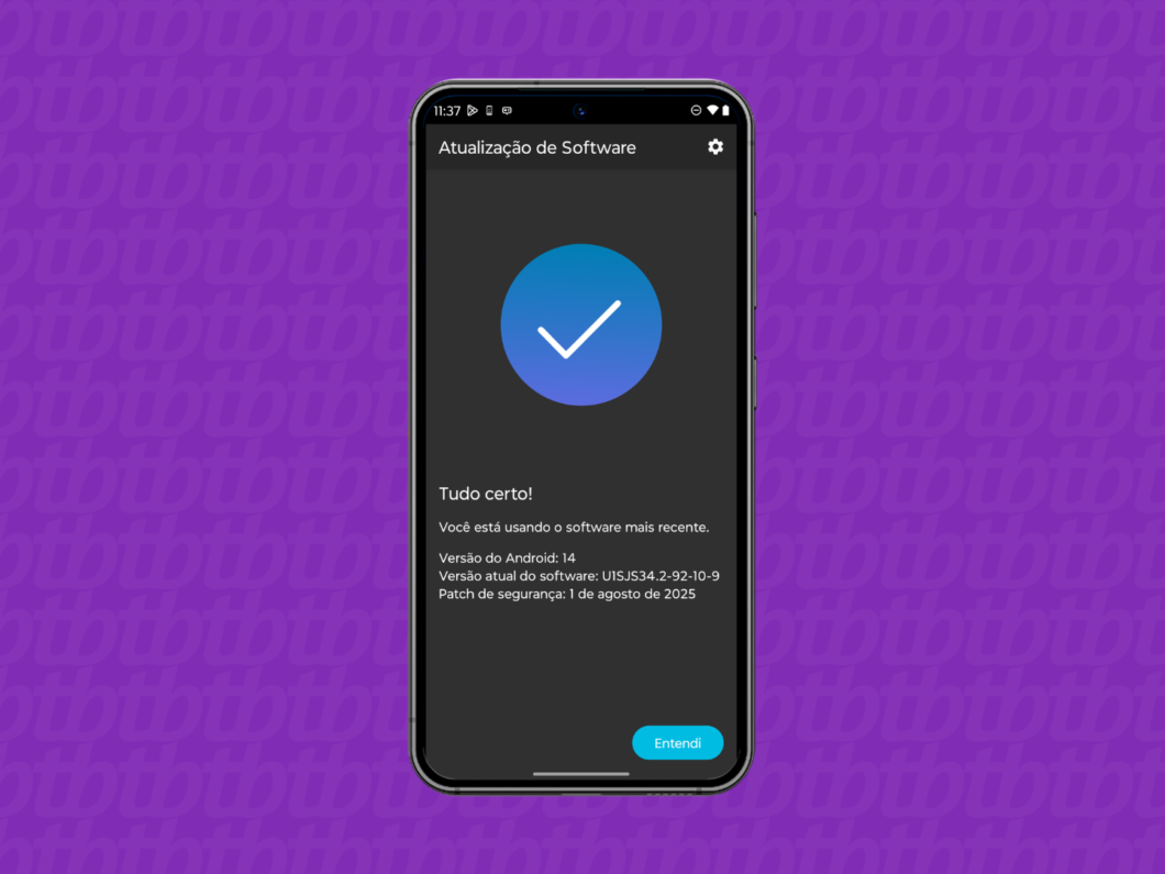 Tela exibindo “Tudo certo!” e informando que o Android está atualizado na seção “Atualização de Software”