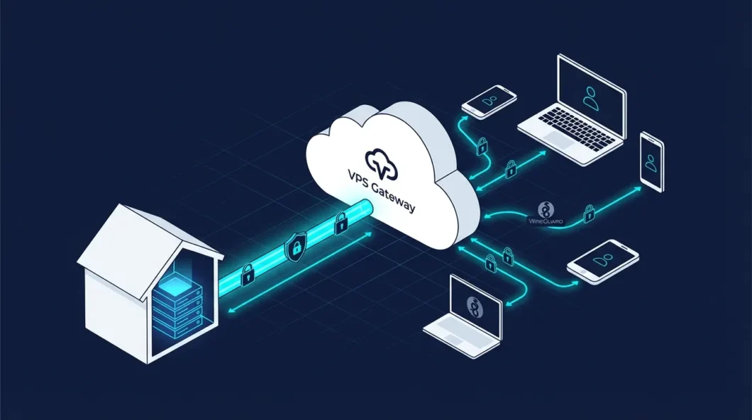 Ilustração de uma VPN compatível (VPS Gateway) conectando dispositivos e ajudando a contornar problemas do CGNAT