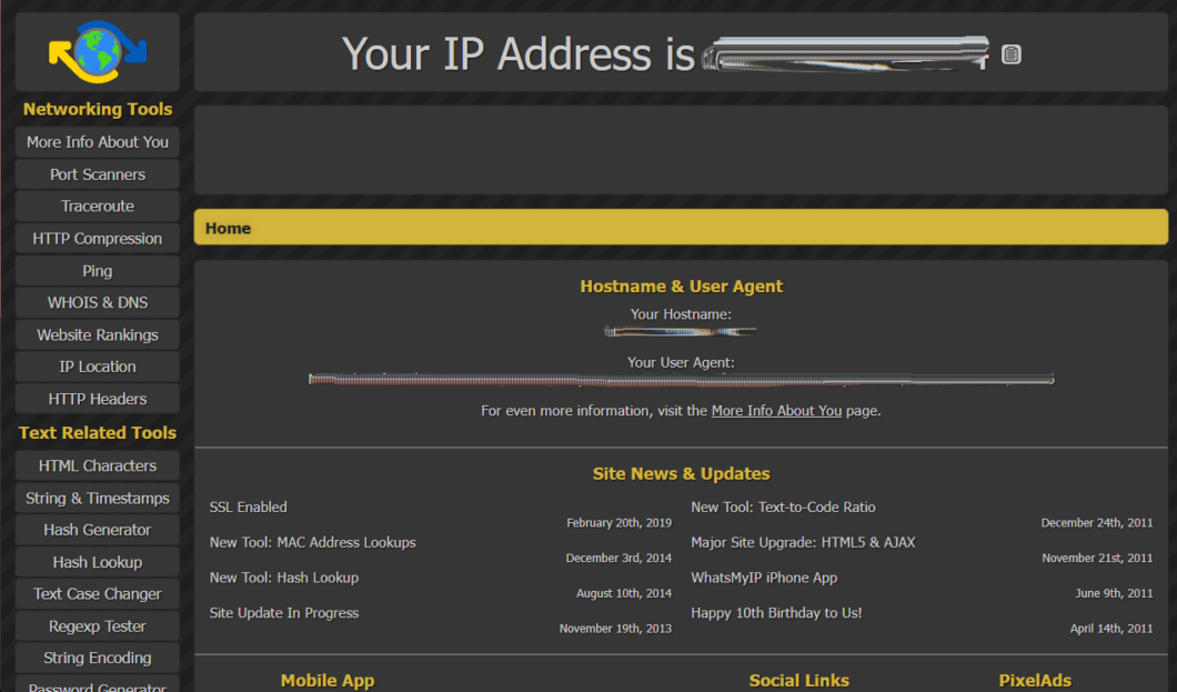 Tela do WhatsMyIP mostrando “Your IP Address is” e opções como Hostname & User Agent para identificar CGNAT