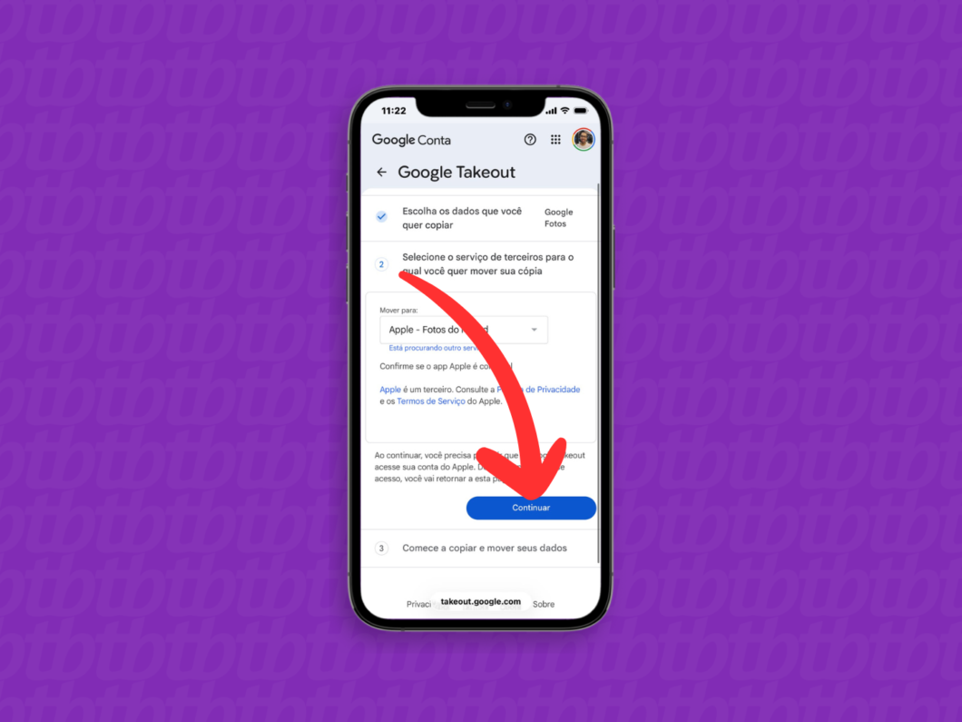 Tela do Google Takeout com o iCloud selecionado em “Mover para” e o botão “Continuar” destacado