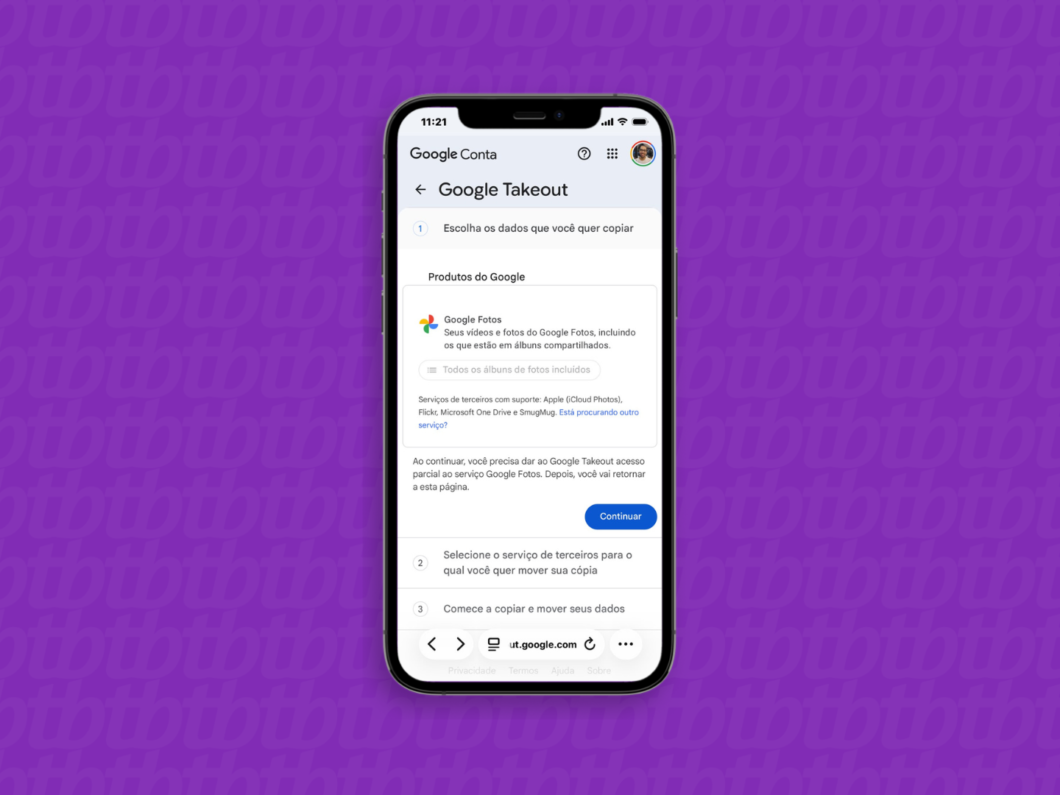Tela do Google Takeout no celular mostrando a seleção do Google Fotos e o botão Continuar