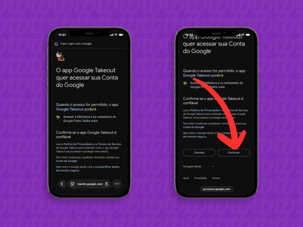 Autorizando o acesso do Google Takeout ao Google Fotos na conta do Google, no celular, tocando em “Continuar”
