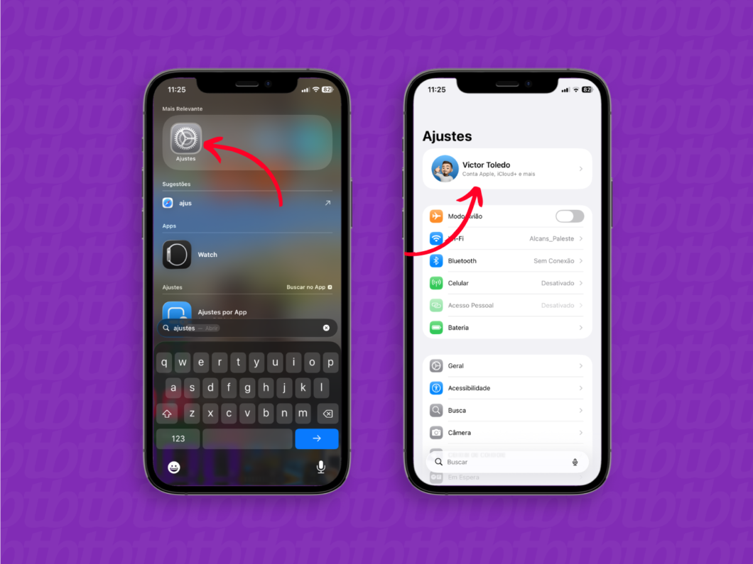 Demonstra dois iPhones: abrir “Ajustes” e acessar a conta Apple no iCloud para trocar o e-mail