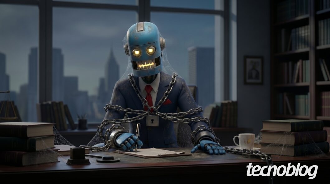 Robô em terno azul preso a correntes, sentado à mesa de escritório com livros ao fundo