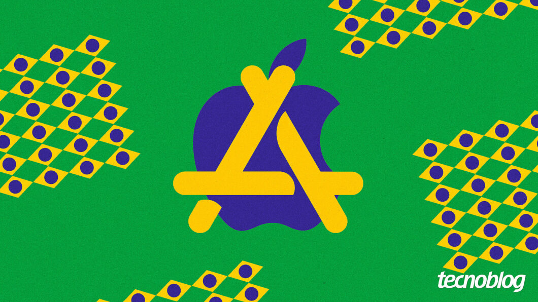 Ilustração gráfica com textura granulada e fundo inteiramente verde. No centro, destaca-se uma combinação de logotipos da Apple: a silhueta clássica da maçã mordida na cor azul serve de fundo para a letra "A" estilizada da App Store (formada por três palitos de cantos arredondados) na cor amarela.