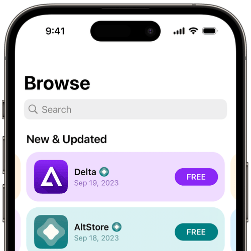 Captura de tela da interface de um aplicativo em um iPhone com Dynamic Island no topo. O app mostra as lojas alternativas Delta e AltStore prontas para download.