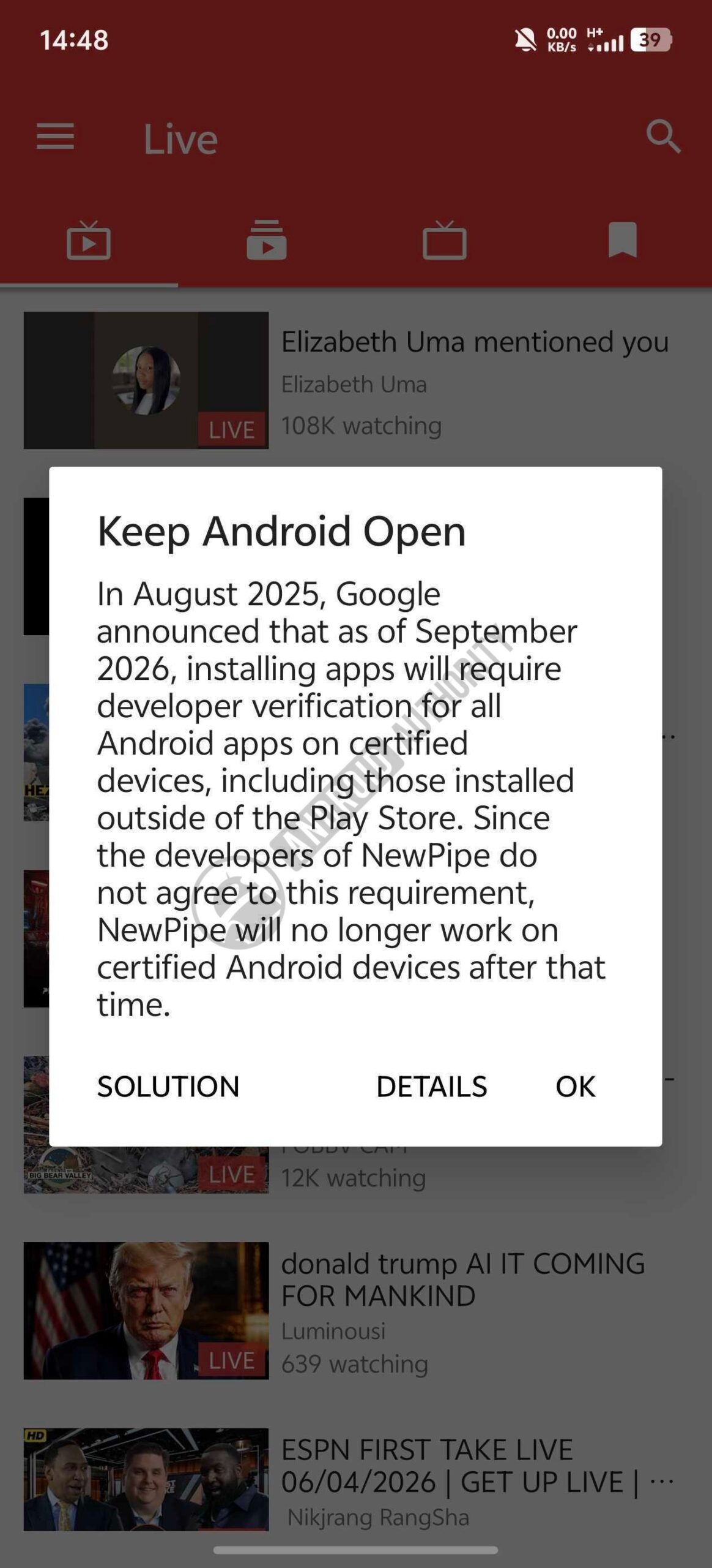 aviso de sideload do newPipe com marca d'água
