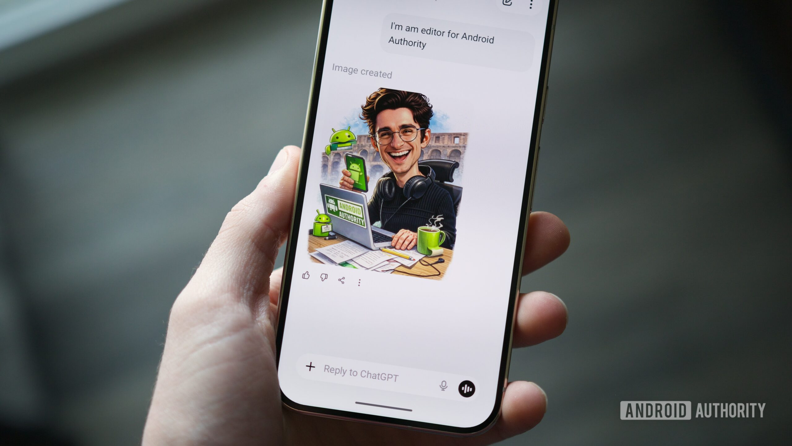 tendência de caricatura chatgpt como herói 3 Foto de um telefone Android usando ChatGPT para criar uma caricatura gerada por IA.