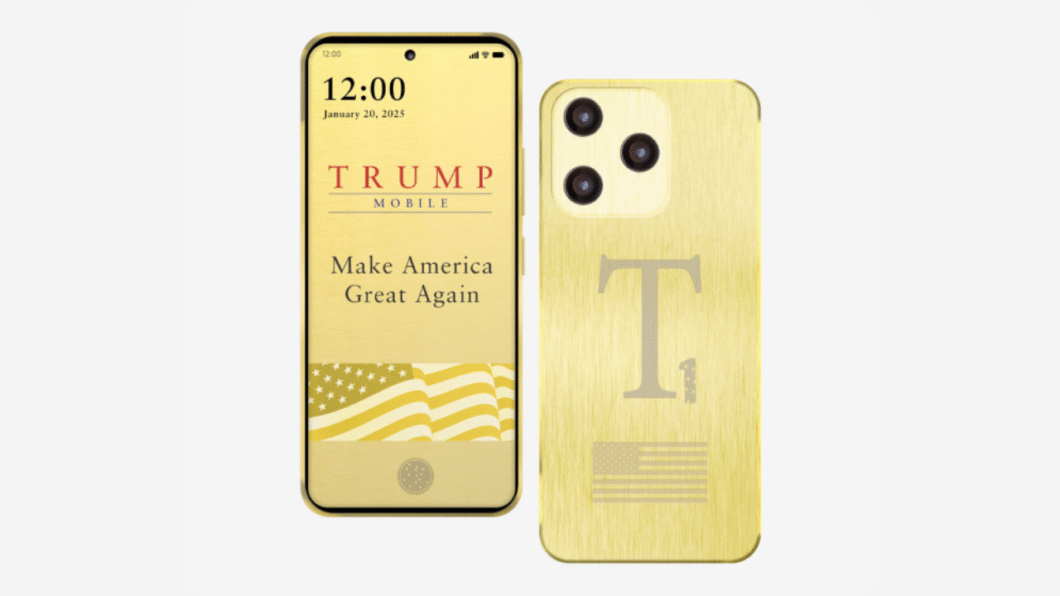 Imagem de um smartphone com design dourado. Na tela, há a hora "12:00" e a data "January 20, 2025", com o logotipo "TRUMP MOBILE" na parte superior e a frase "Make America Great Again" abaixo. O fundo da tela exibe uma bandeira dos Estados Unidos estilizada. Na parte de trás do aparelho, vê-se uma gravação do símbolo "T" grande, seguido de "1", e a imagem de uma bandeira dos EUA. O telefone possui três câmeras traseiras e uma borda dourada.