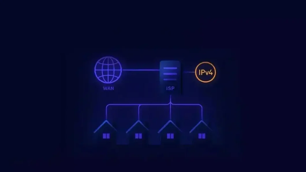 Diagrama mostrando o CGNAT: endereços WAN/ISP e a tradução de IPv4 para múltiplas redes residenciais