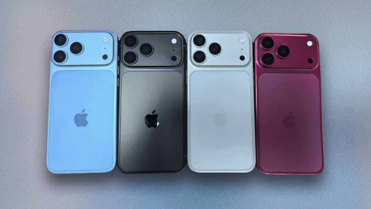 Four rumored colors of the iPhone 18 Pro, from left to right: Light blue, black, silver, cherry red