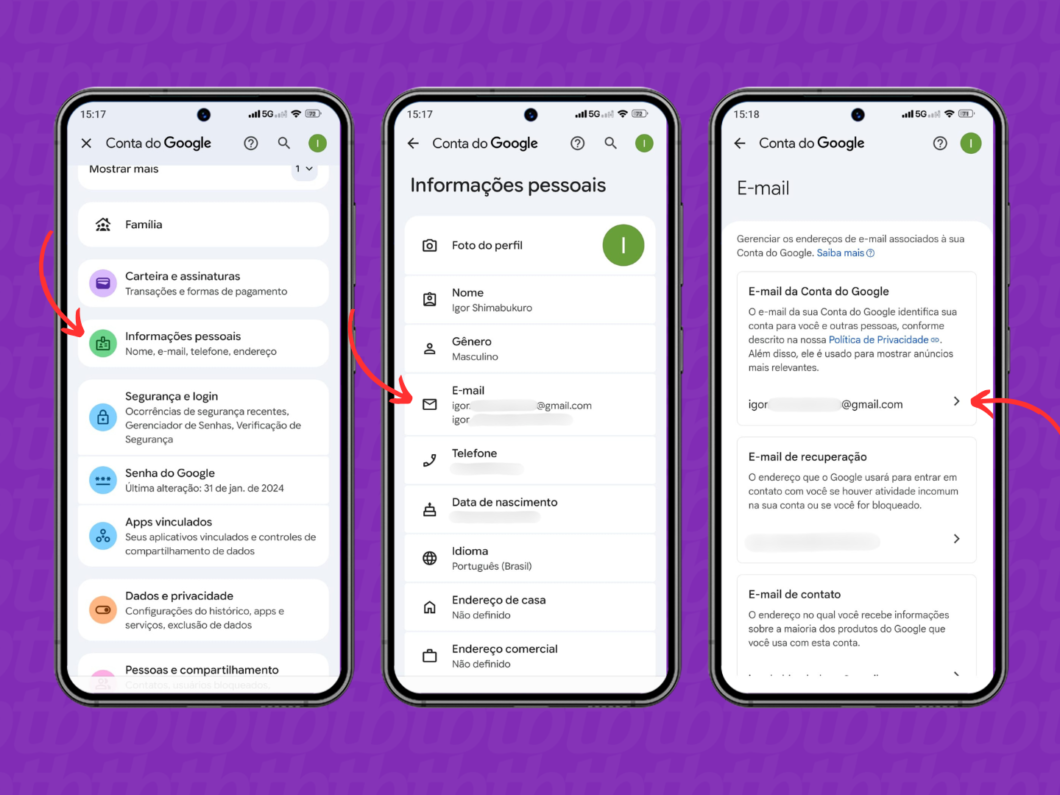 Entrando na seção de e-mail da Conta Google pelo celular