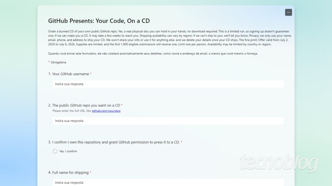 O formulário do GitHub para o pedido do CD