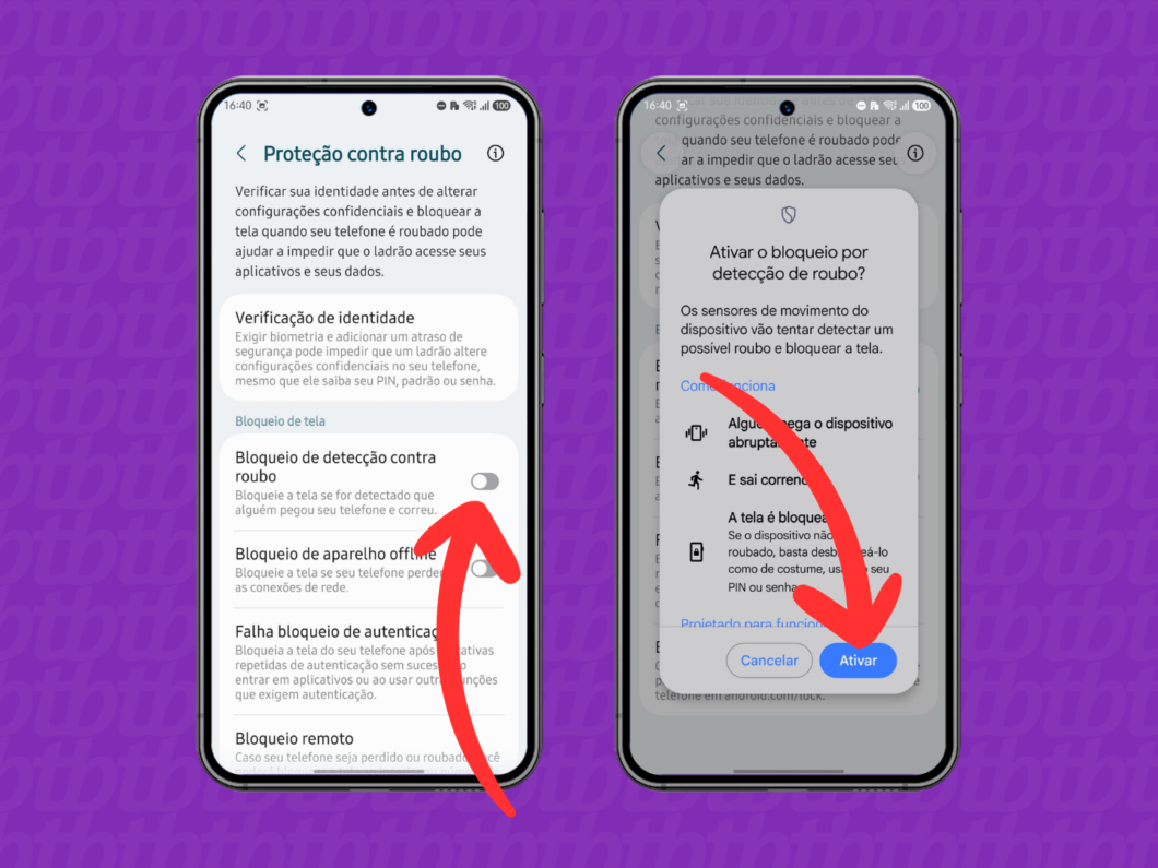 Tela “Proteção contra roubo” com pop-up perguntando para ativar o bloqueio de detecção de roubo e botão “Ativar”