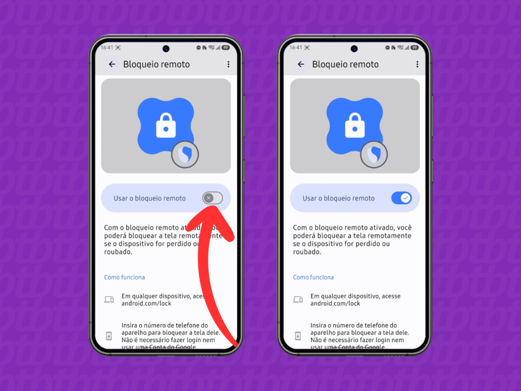 Tela do Android em “Bloqueio remoto”, com a chave de ativação ligada para bloquear o dispositivo à distância