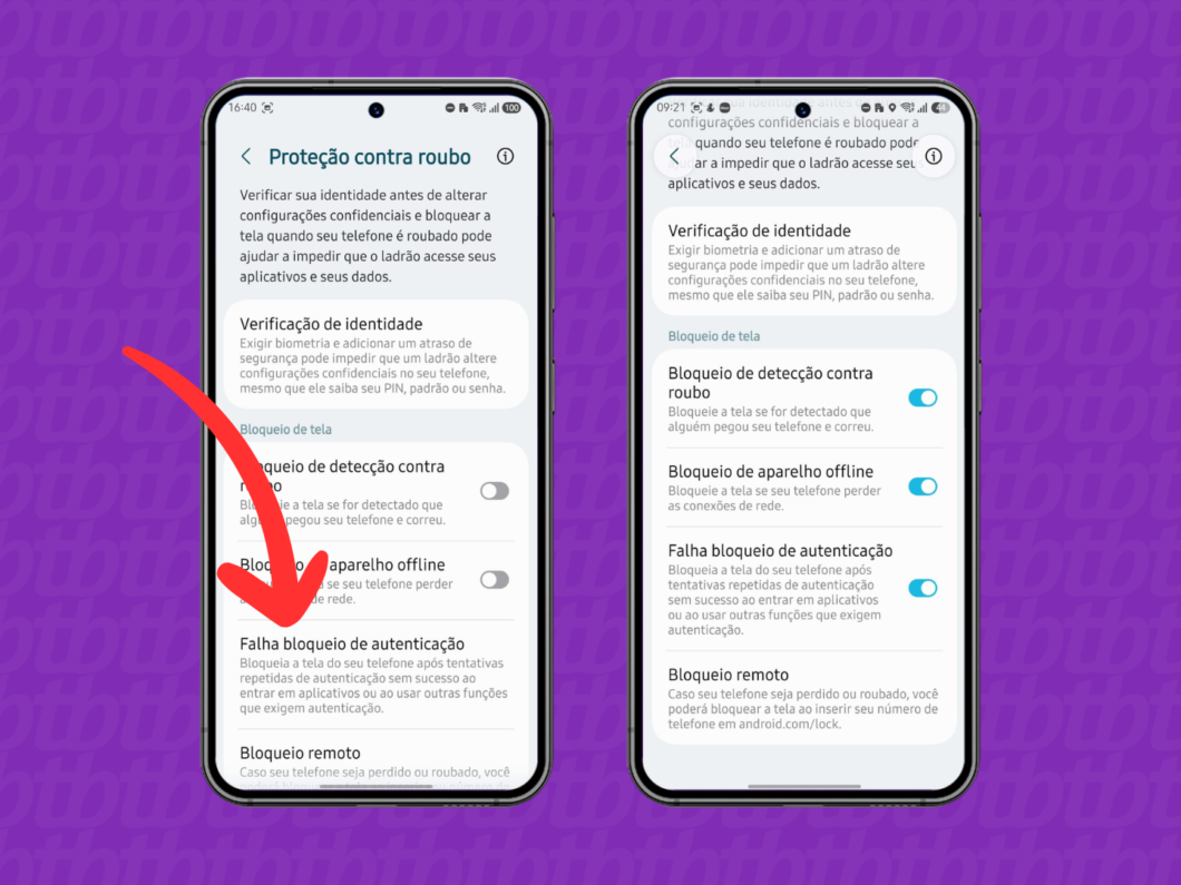 Tela do Android mostrando “Proteção contra roubo”, com botões de ativação de verificação de identidade e bloqueios do Modo Ladrão