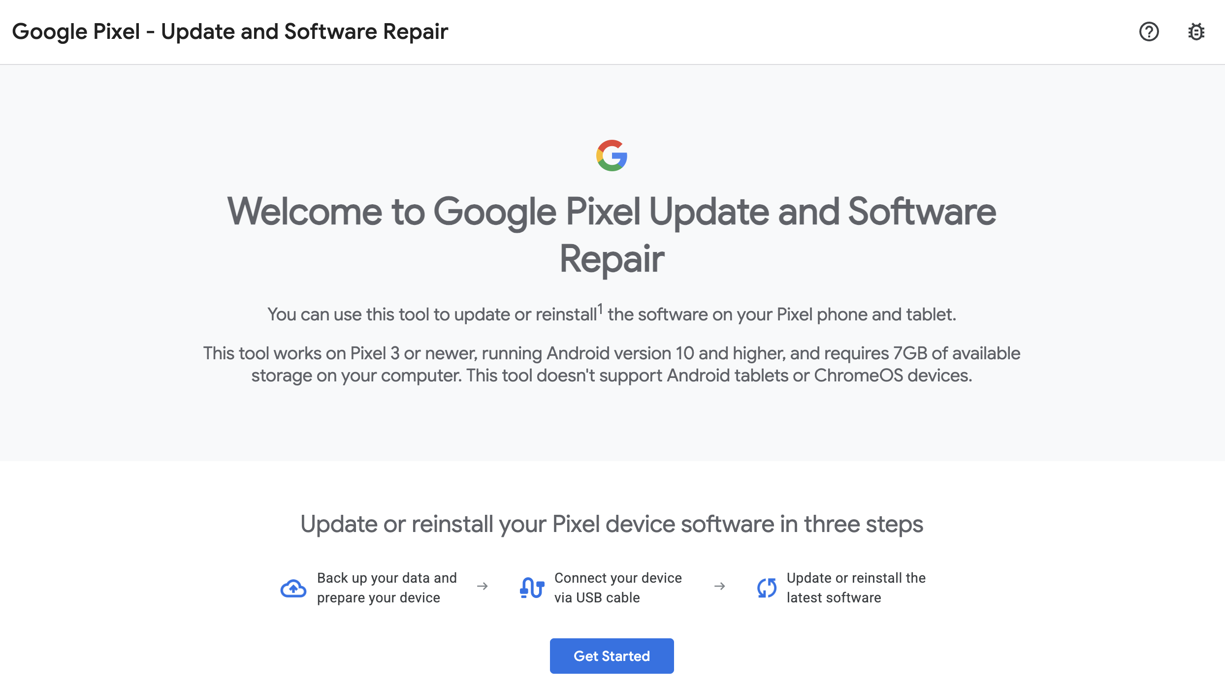 site de reparo de software de atualização do Google Pixel