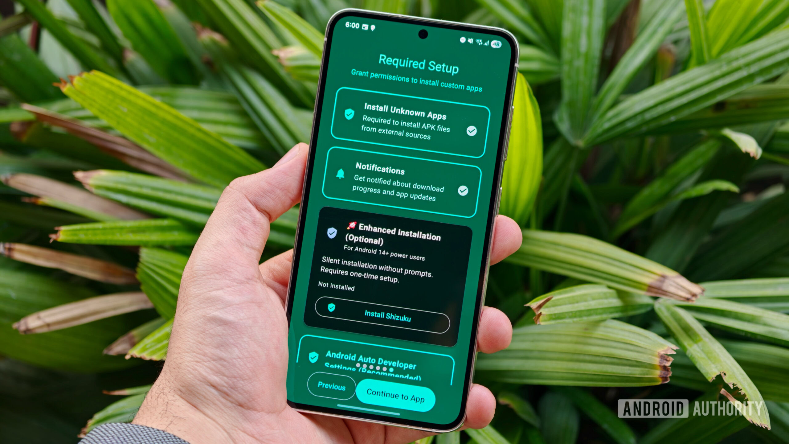 aplicativos de terceiros para Android Auto 4 Tela do assistente de configuração necessária em um telefone Android para conceder permissões para instalar aplicativos personalizados e Shizuku