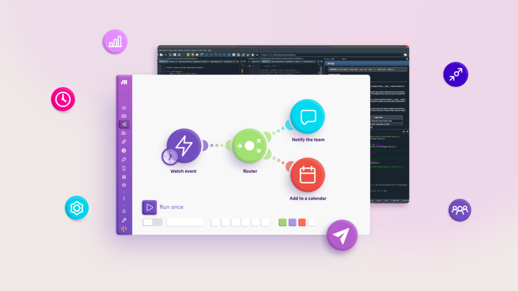 Fluxo de low-code com ícones para “Watch event”, “Router”, “Notify the team” e “Add to a calendar”; indica limitações para recursos específicos