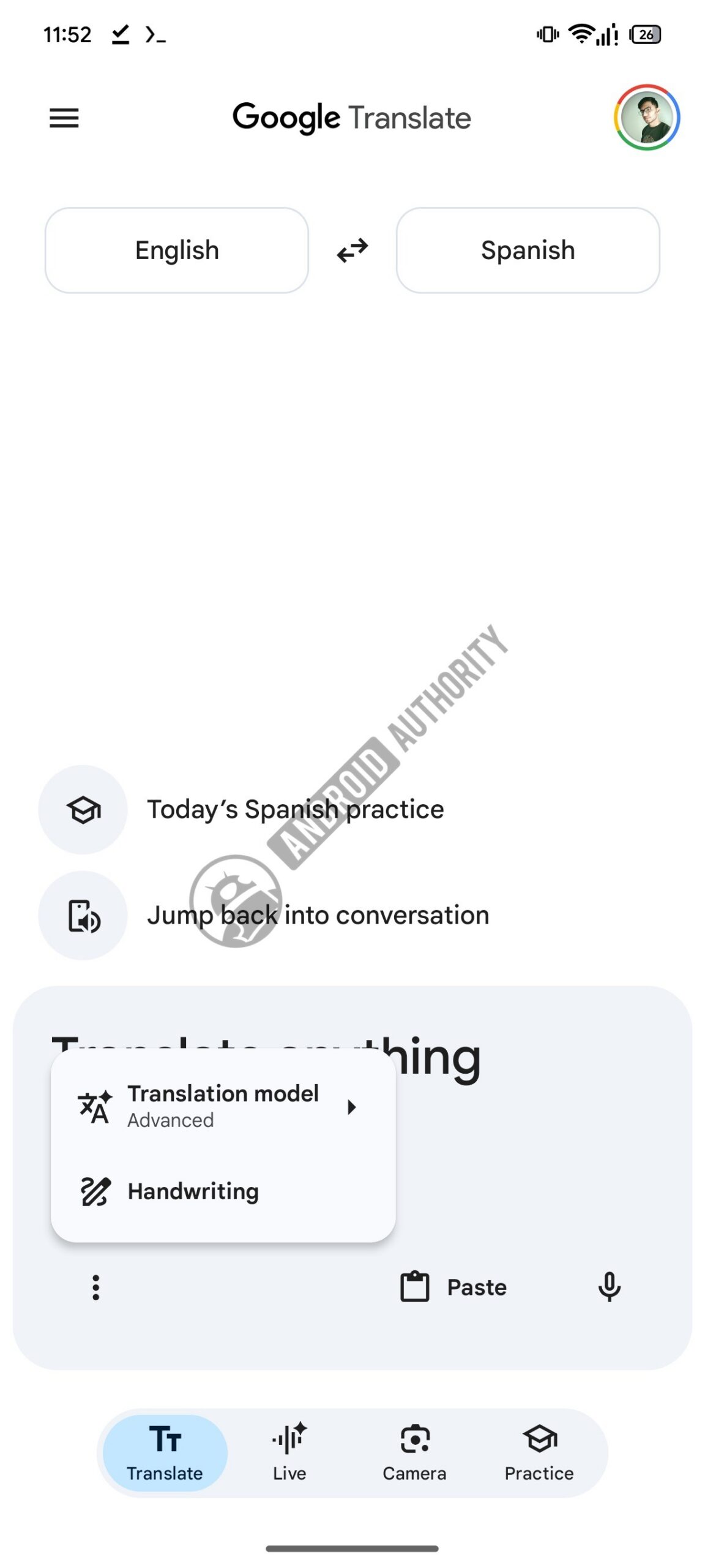 Menu de três pontos do Google Tradutor com marca d’água Menu de três pontos do Google Tradutor com marca d’água