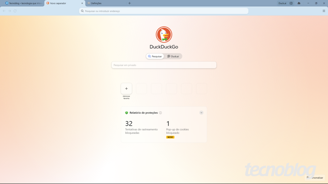 Captura de tela mostra a página inicial do navegador DuckDuckGo