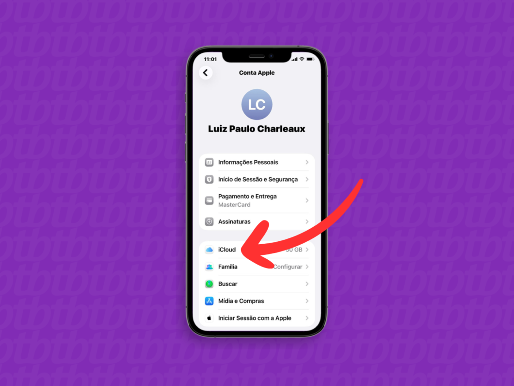 Abrindo o menu iCloud nas Configurações do iPhone (Conta Apple)
