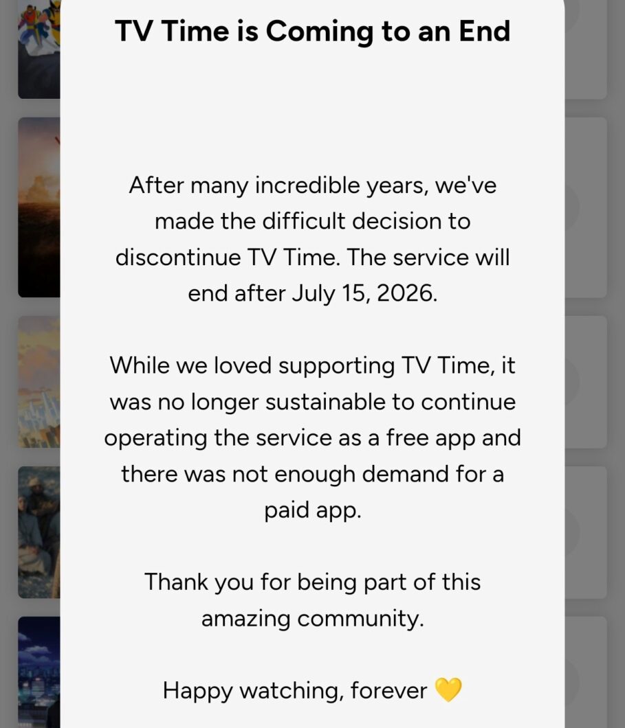 Captura de tela mostra o aviso de despedida no app TV Time
