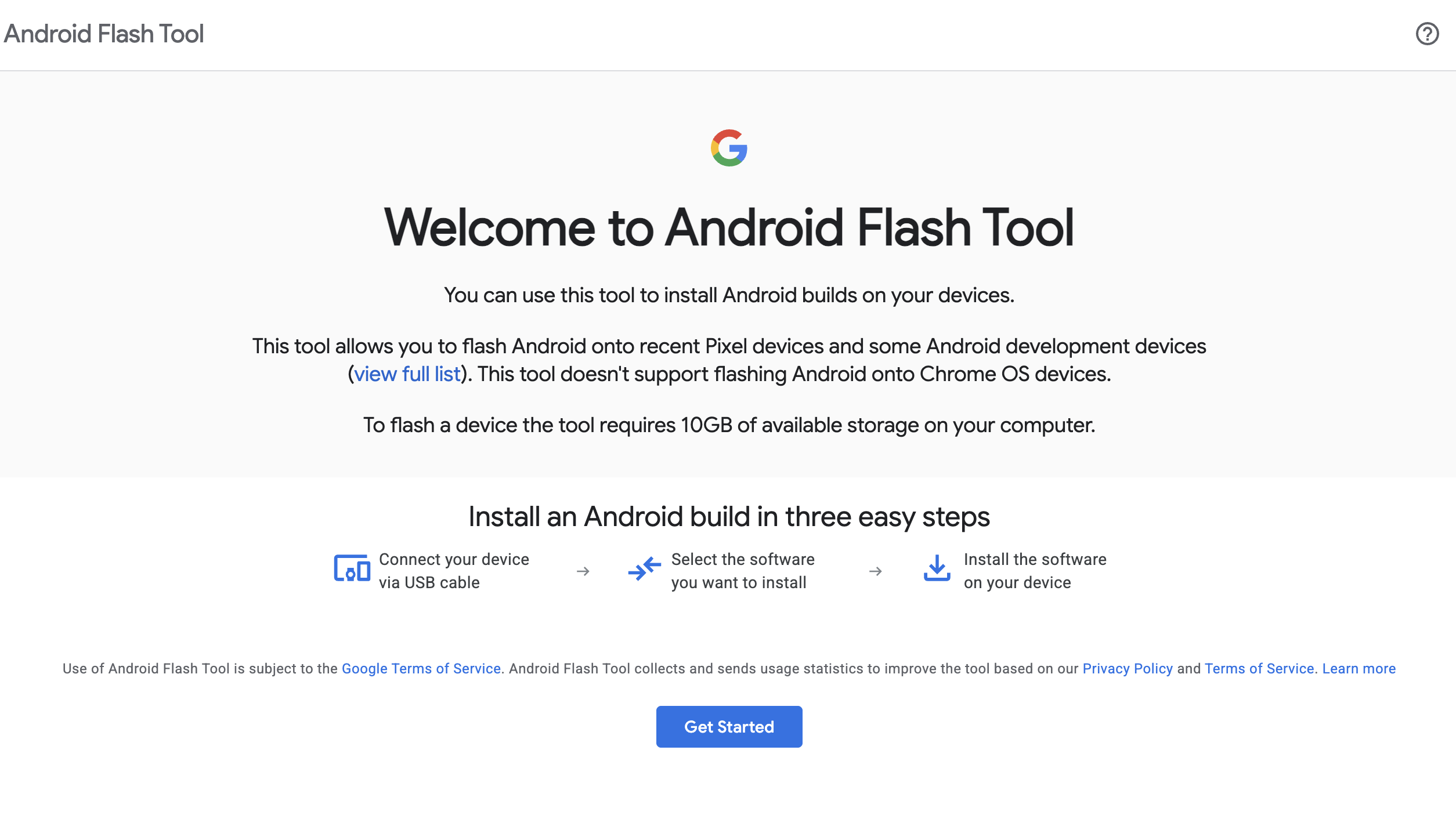 site da ferramenta flash do Google Android