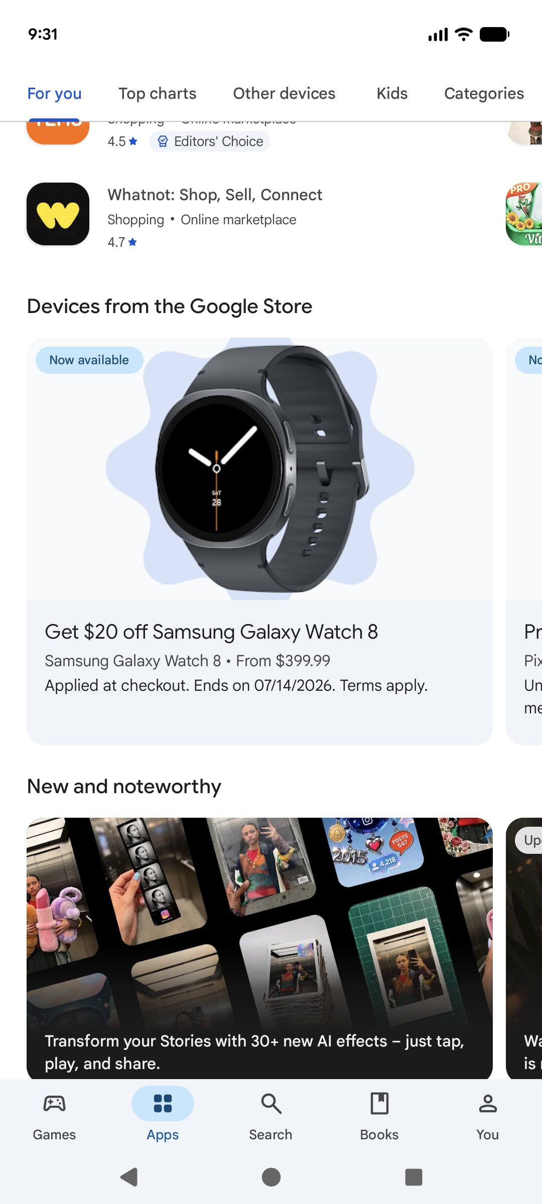 Uma captura de tela da Google Play Store mostrando uma promoção do Galaxy Watch 8.