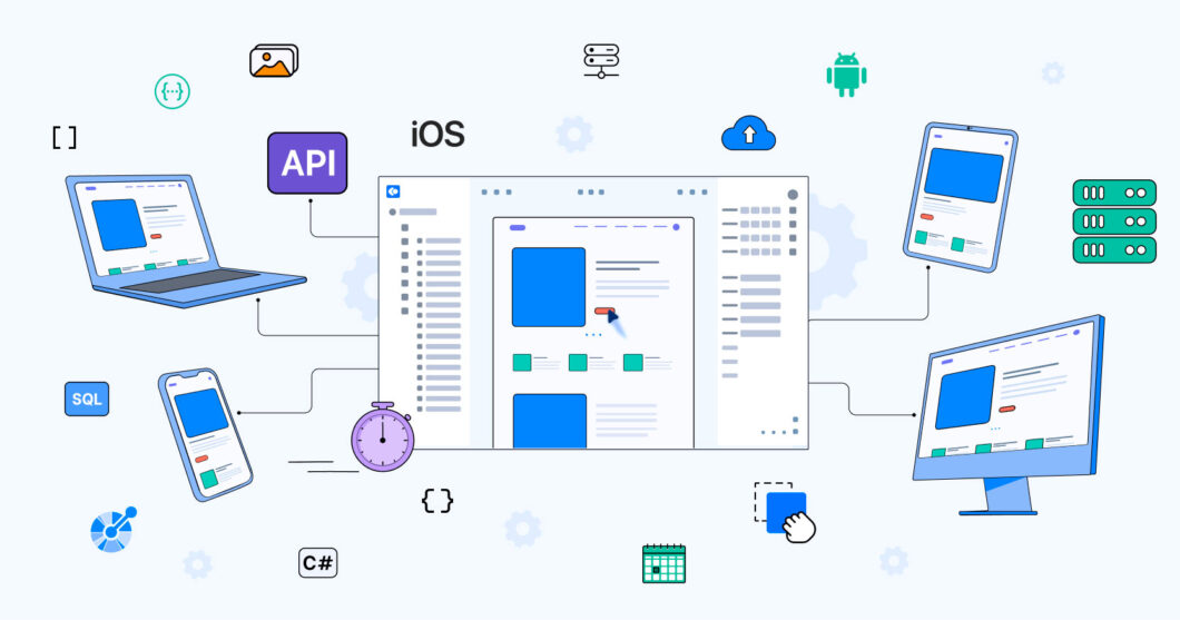 Ilustração que mostra como o low-code pode ser usado para criar diferentes softwares, com integração entre APIs, iOS e aplicativos web/móveis