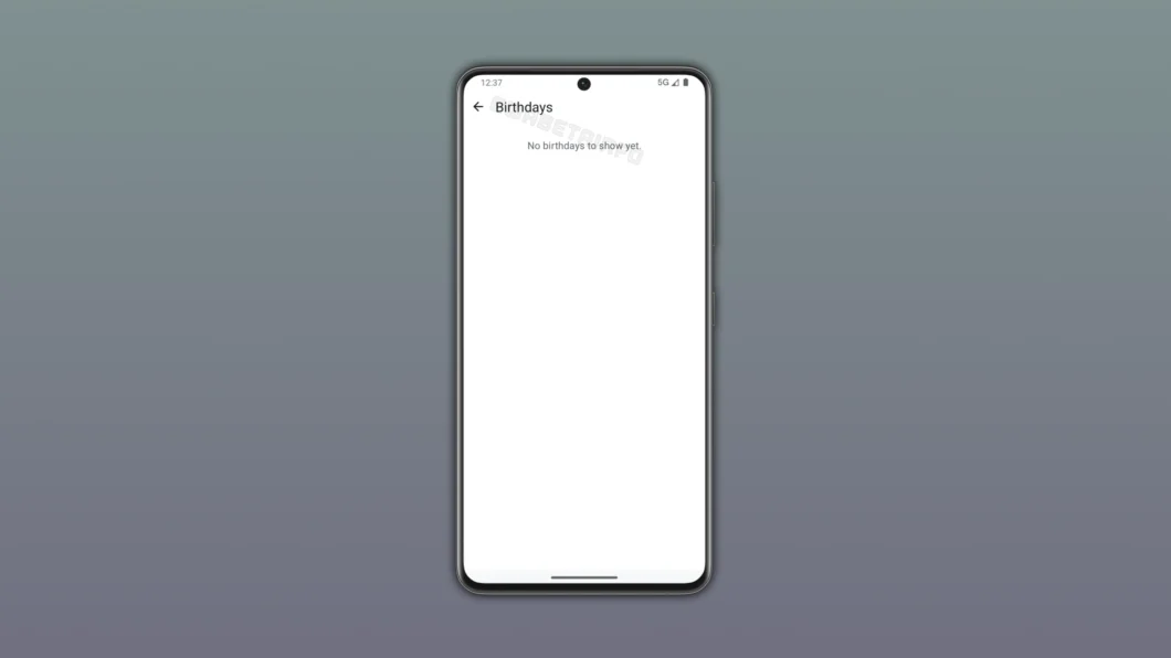 Um smartphone centralizado verticalmente contra um fundo cinza em degradê. No topo da tela branca, há uma seta para a esquerda ao lado do título "Birthdays". No centro do display, consta a frase informativa "No birthdays to show yet."