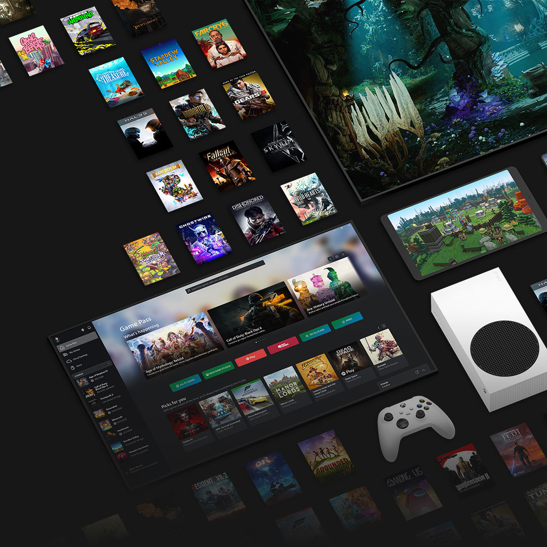 Imagem em fundo preto com diversas capas de games disponíveis no GamePass e dispositivos Xbox no canto